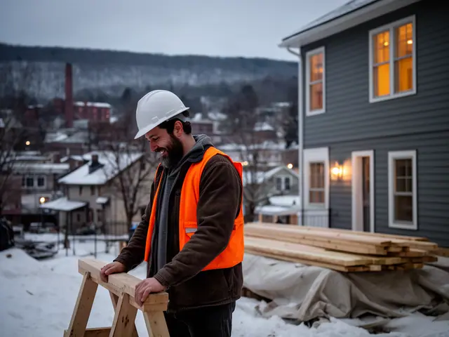 A builder in a hard hat and safety vest on a home construction site.