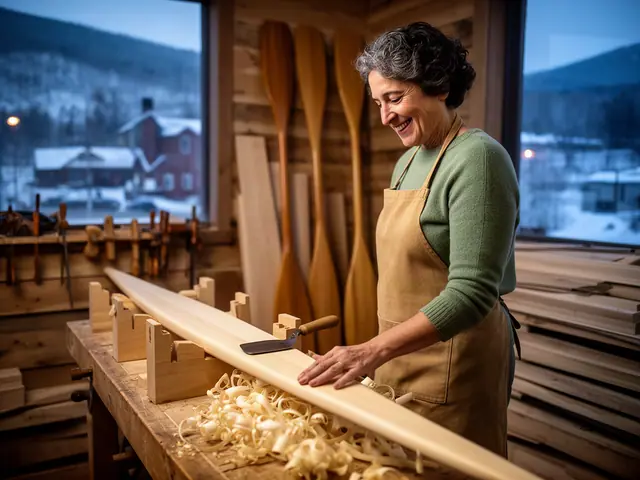 A woman with short dark curls going gray beside new equipment in a small wooden oar and paddle workshop.