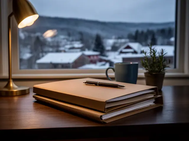 A neat stack of closed manila folders and a pen on a desk by a window.