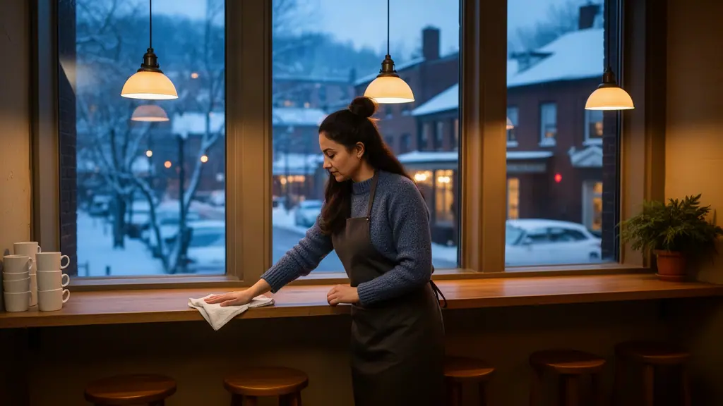 A woman with long dark-brown hair in a loose bun who owns a small cafe at work.
