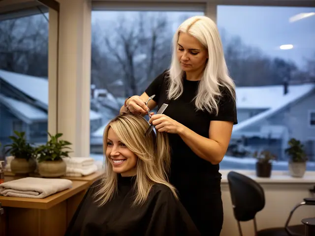 A stylist finishing a client's hair in a bright salon.