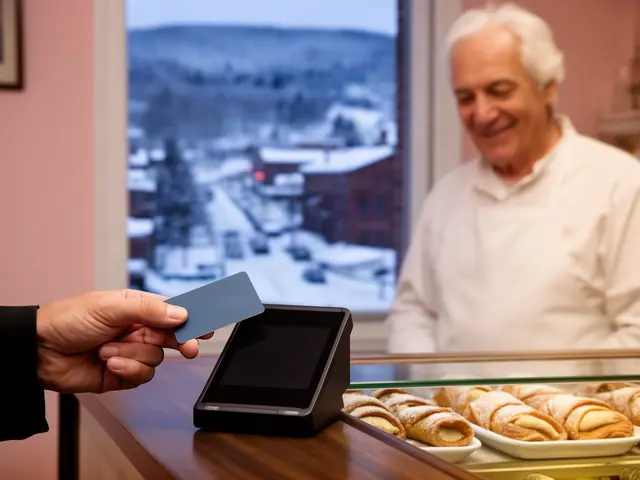 A customer taps a card on a counter terminal at a small Italian pastry shop.